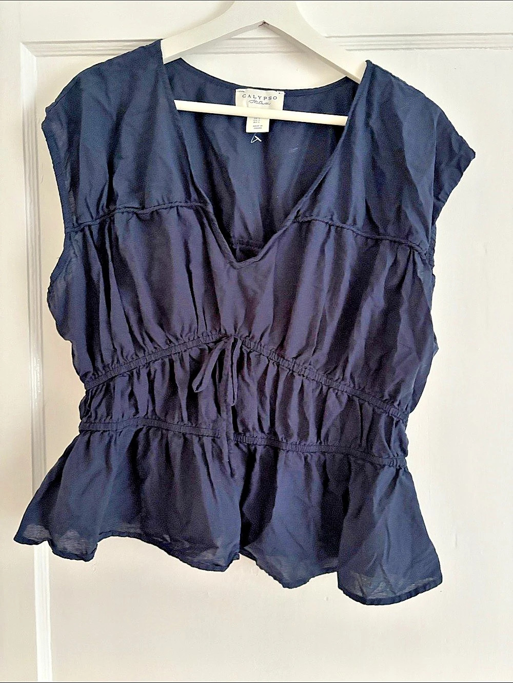 NWOT Calypso St. Barth 100% Cotton Cotton Peplum Blouse in Navy Large Like New